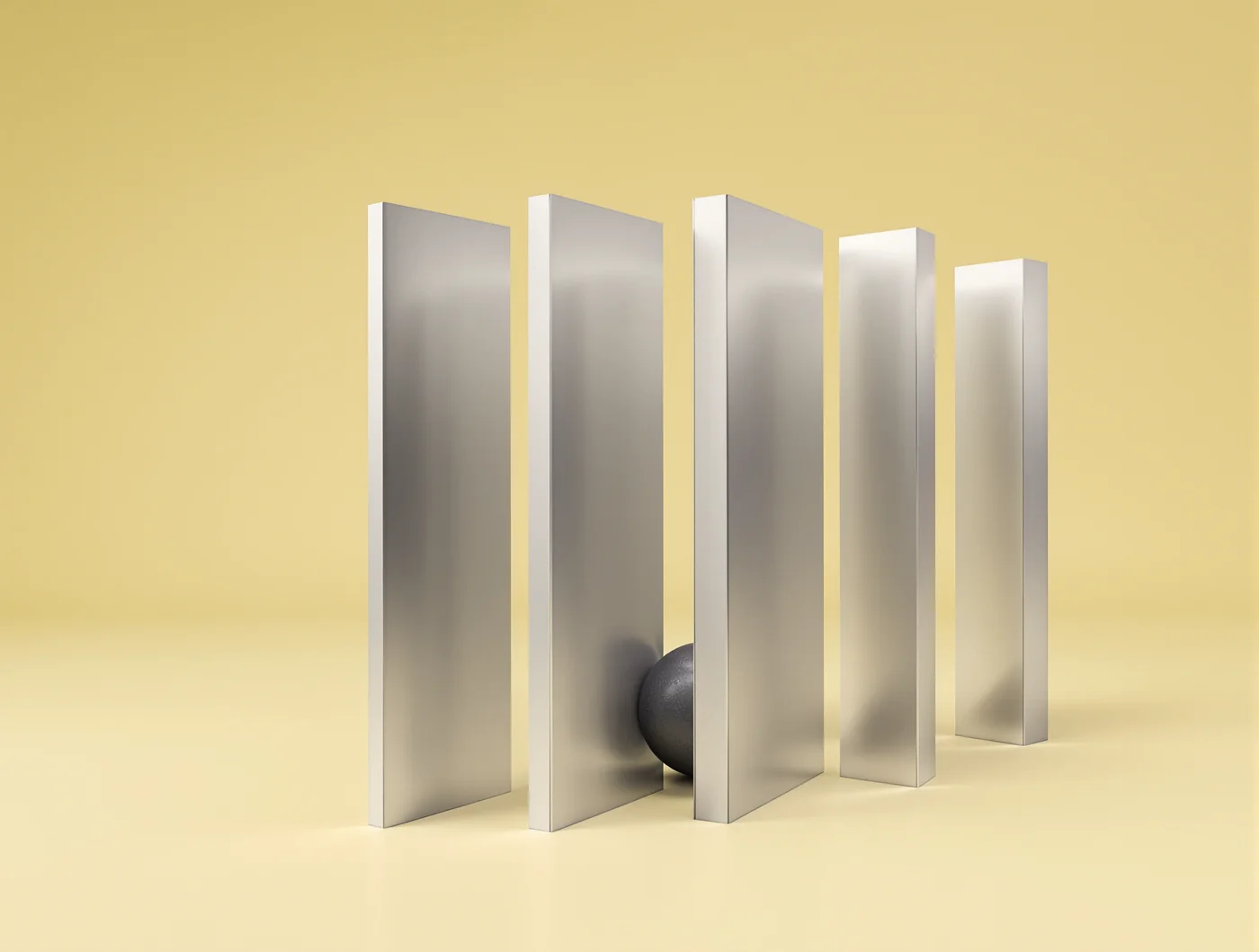 Parallel steel fins revealing a sphere on a pale yellow ground