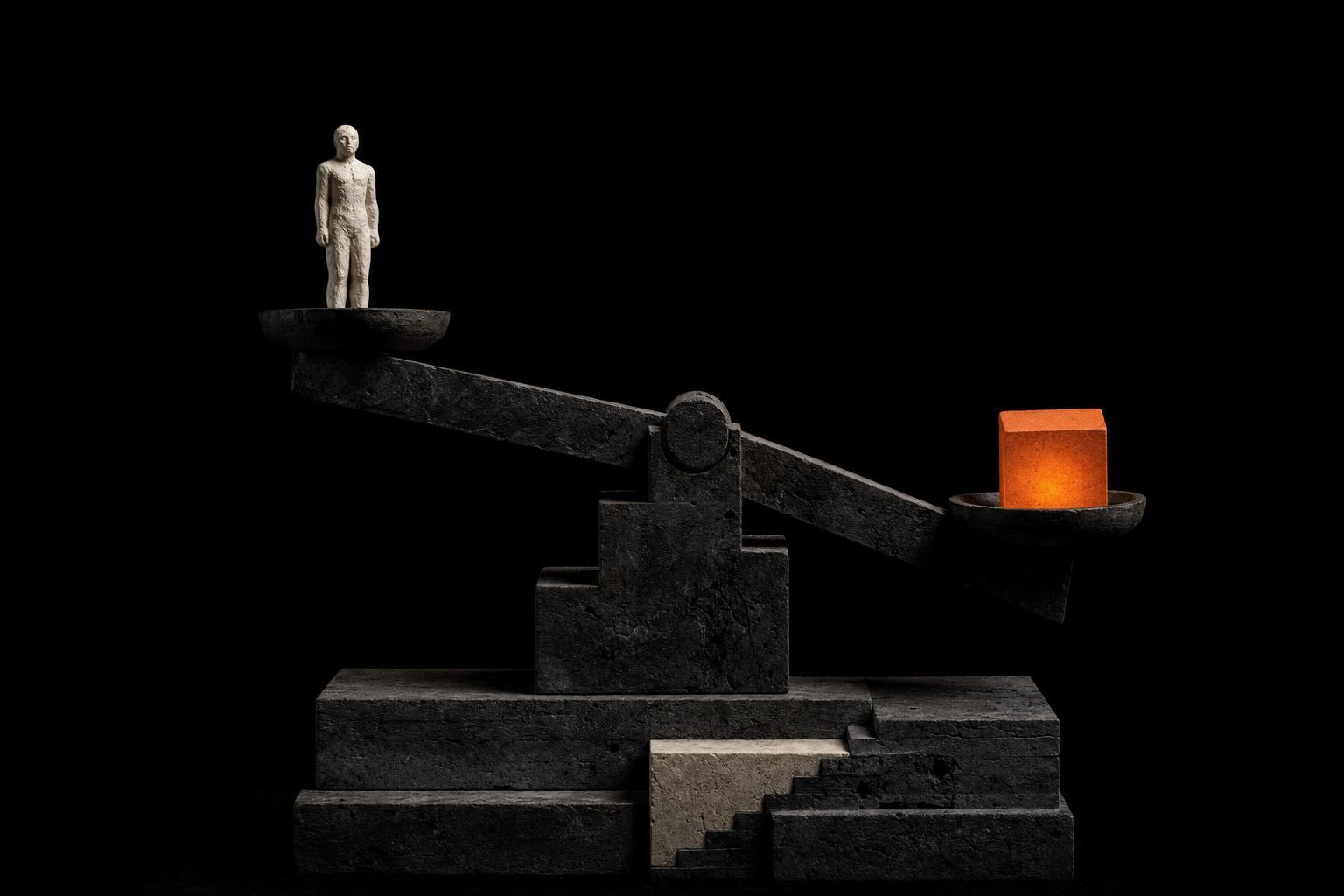 Brutalist stone balance, a human figure outweighed by a glowing orange block, on charcoal