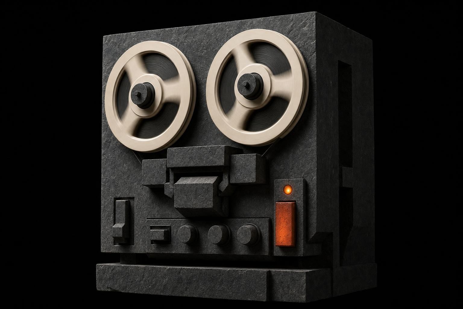 Brutalist tape recorder object on charcoal