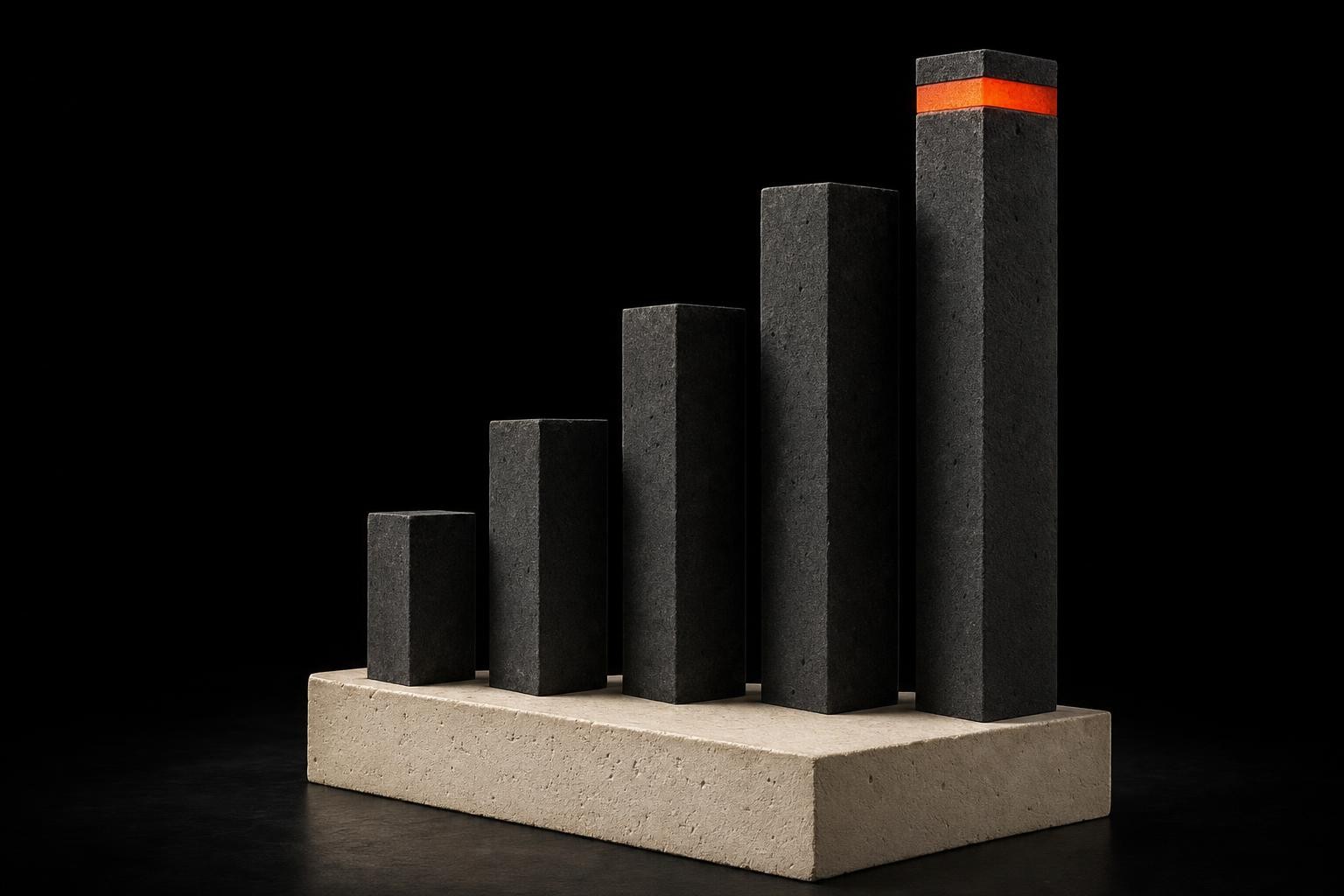 Brutalist bar chart object with one flagged column on charcoal