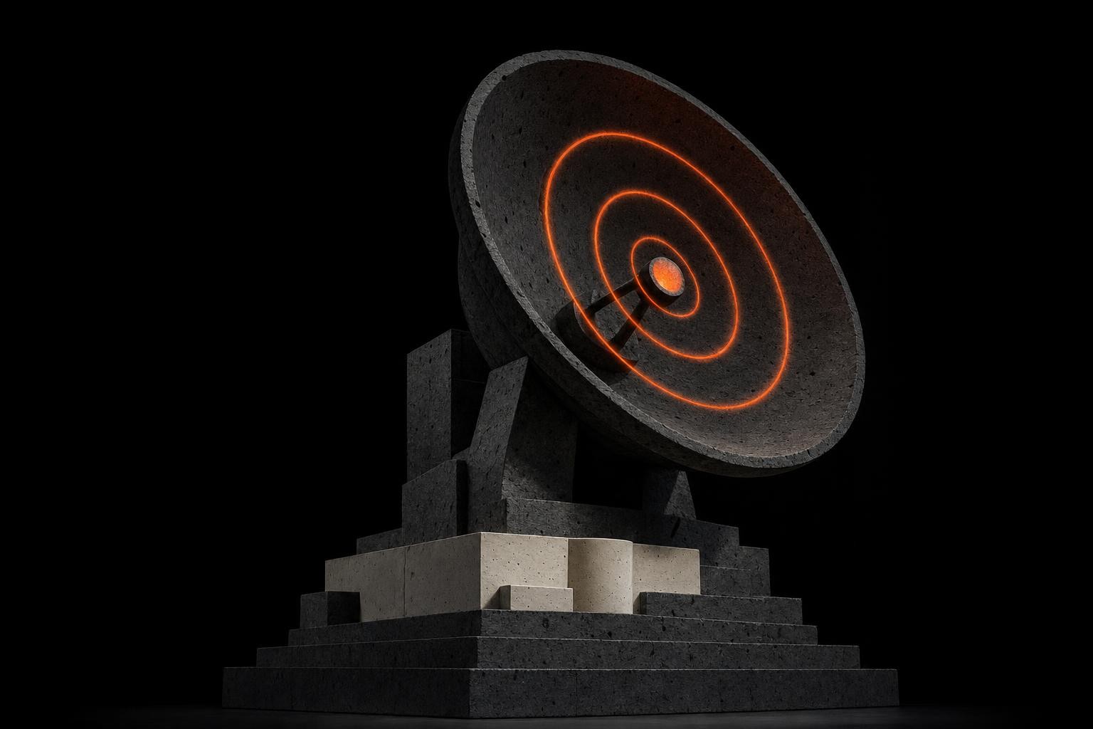Brutalist broadcast dish with concentric orange signal rings on charcoal