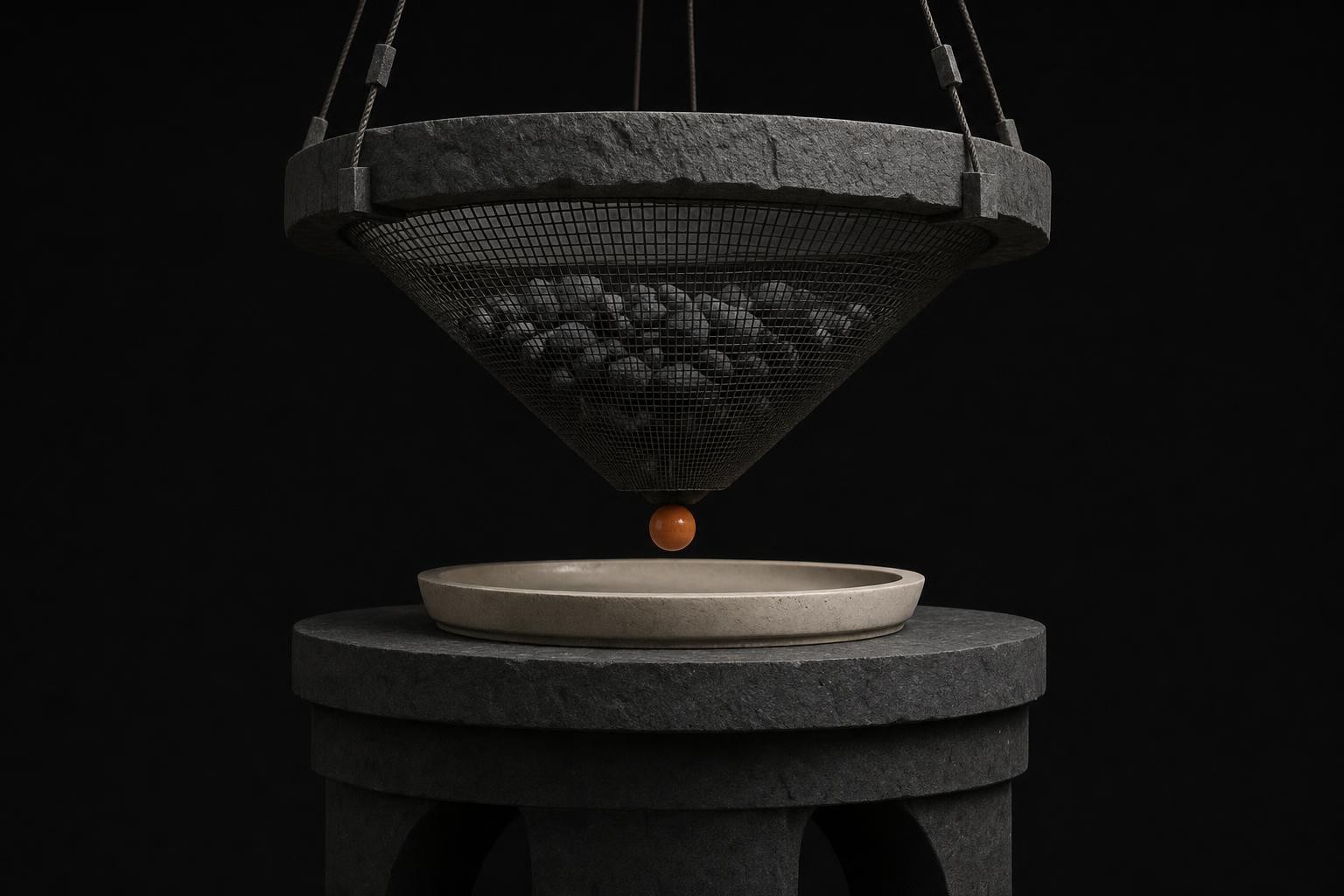Brutalist sieve object on charcoal
