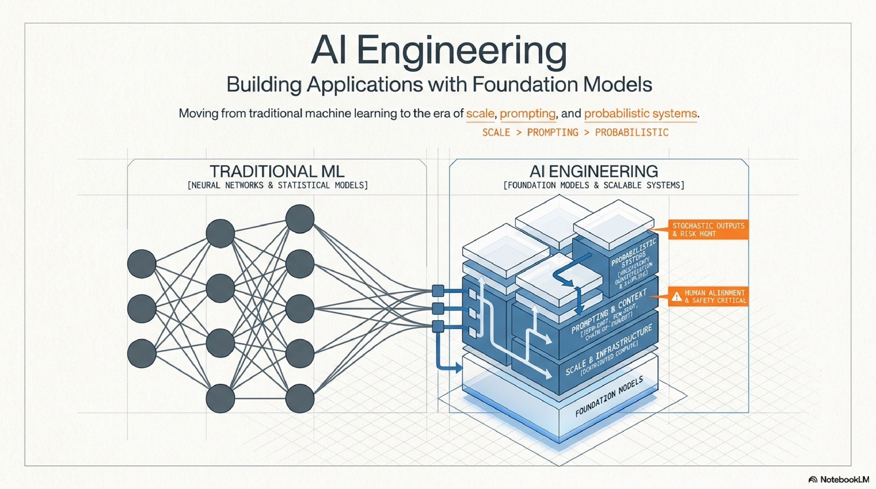 AI Engineering: Building Applications with Foundation Models. Title infographic comparing traditional ML to AI Engineering.